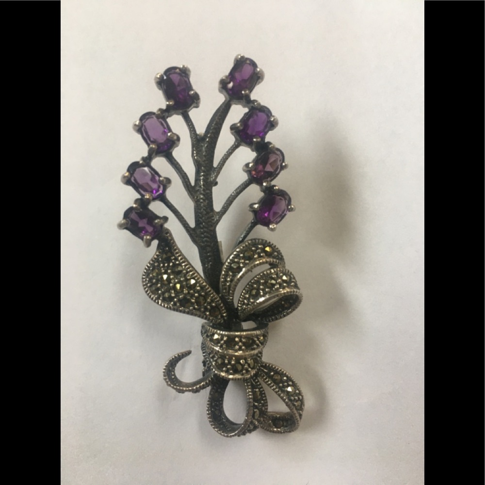 Amethyst, Marcasite & Sterling Silver Pin